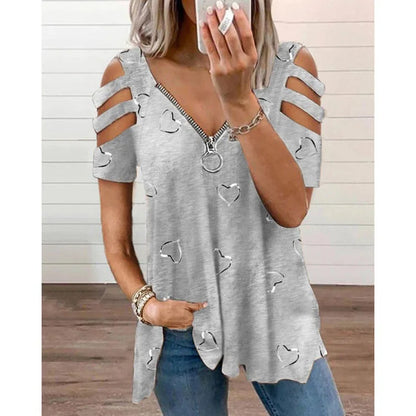 T Shirt for Women Print Top V Neck Short Sleeves Hollow Out Zipper Vintage Streetwear Spring Summer Office Lady 2025 Tees Tops