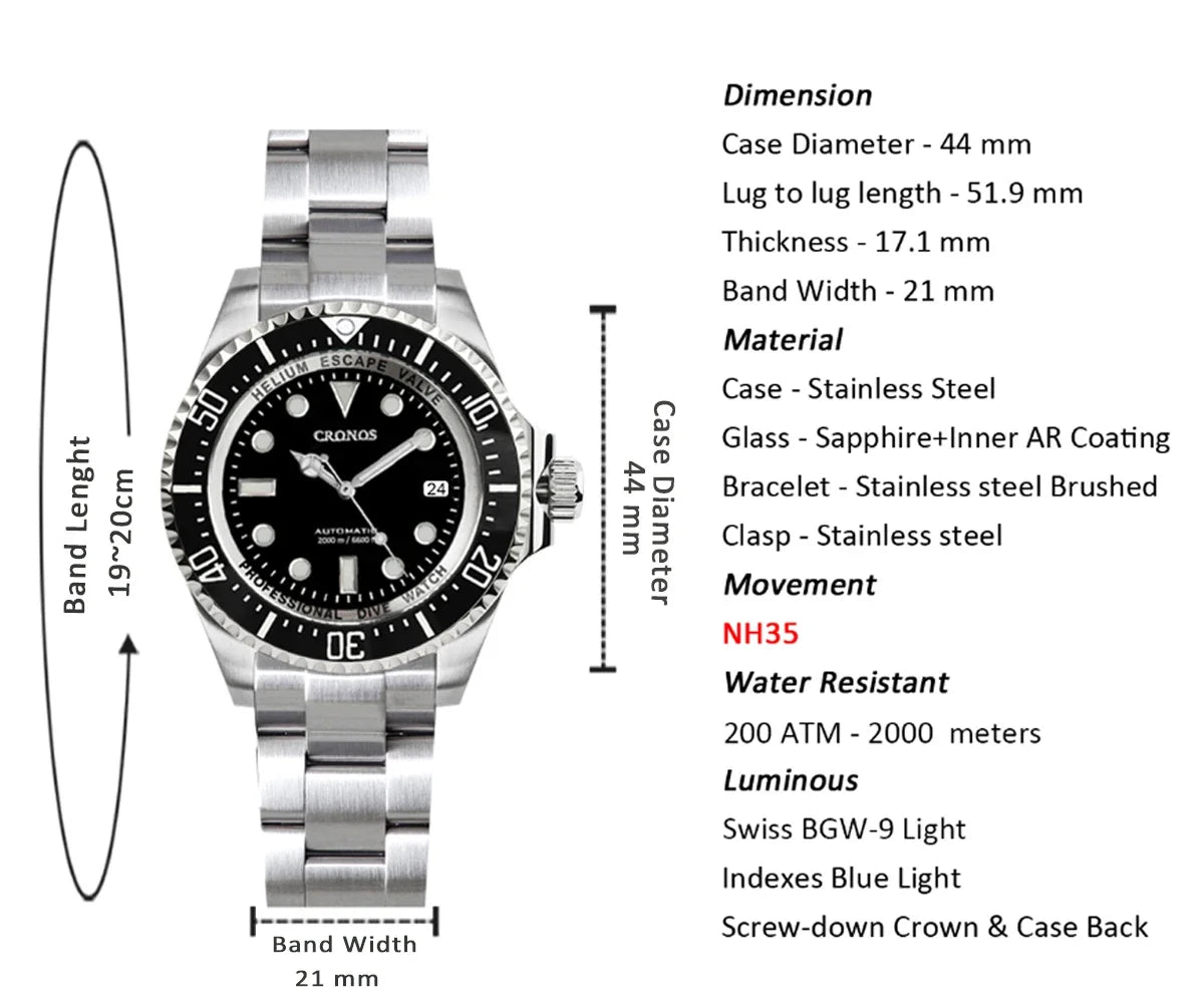Cronos L6009M Diver Watch Waterproof NH35 Automatic Mechanical Sapphire Crystal Luminous 44mm Luxury Wristwatch