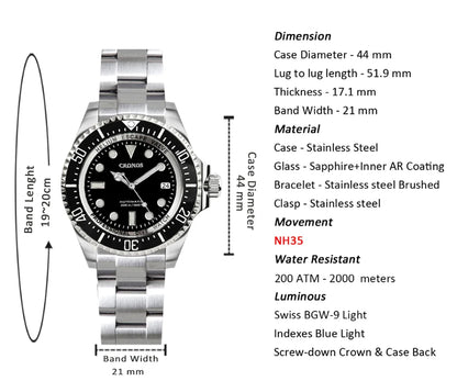 Cronos L6009M Diver Watch Waterproof NH35 Automatic Mechanical Sapphire Crystal Luminous 44mm Luxury Wristwatch