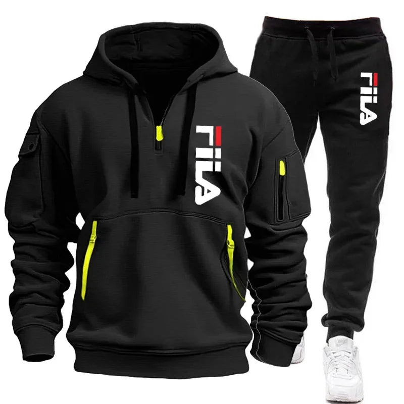 Autumn and Winter 2025 new men's hooded sweatshirt + pants two-piece set, outdoor multi-pocket men's pullover sportswear set