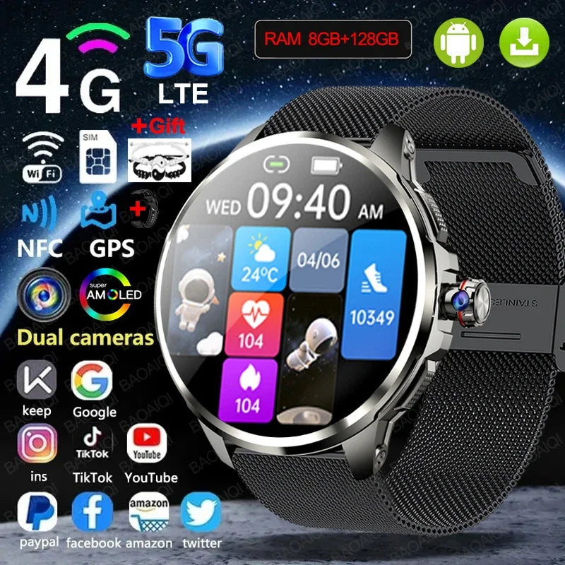 Full Network GPS WIFI Smart Watch Men 8GB+128GB RAM 1.95 inch AMOLED Screen 900W Camera Google APPS Smartwatch Android 9.0