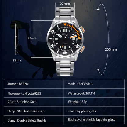 BERNY Automatic Dive Watch for Men Super Luminous Original Design 20ATM Diver Wristwatch Sapphire, Local Warehouse Fast Delivery