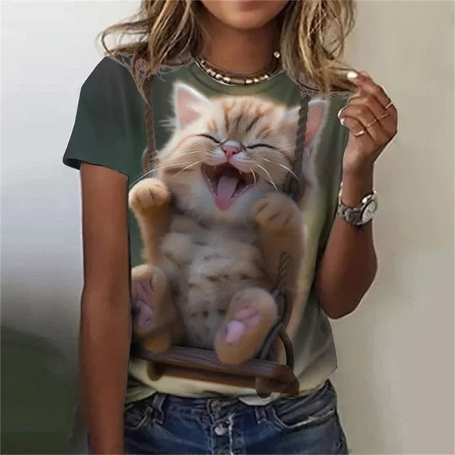 T-shirt 3D Printed Kawaii Cat Pattern Short Sleeved Round neck Top Summer Outdoor Casual Street Simple Clothing
