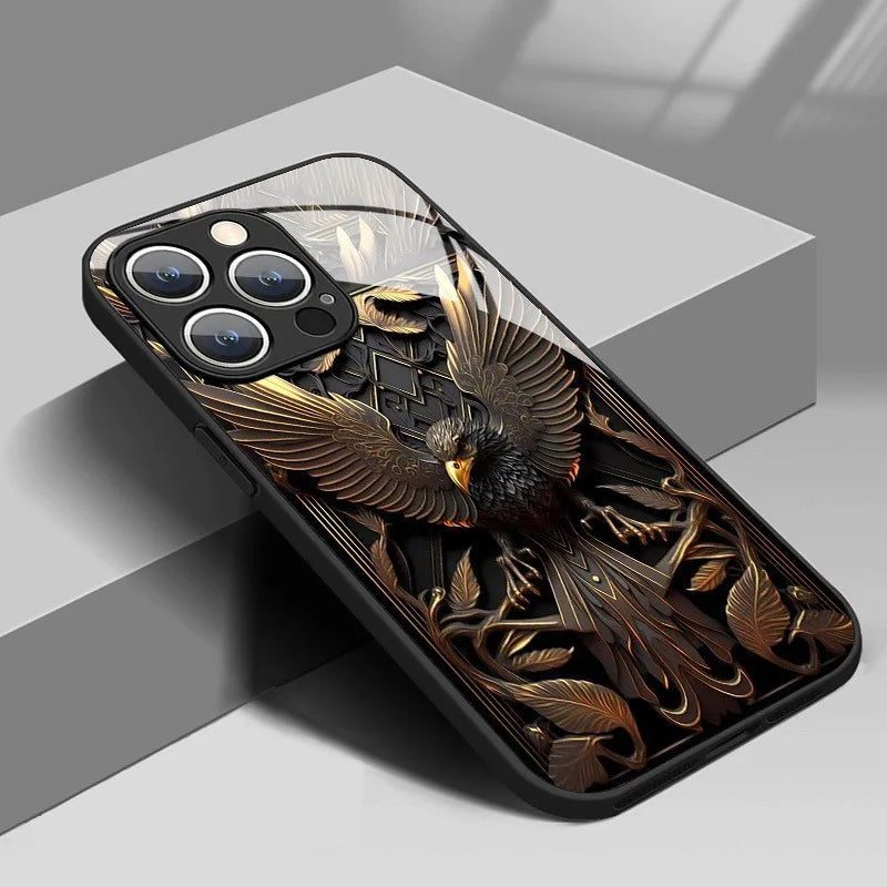 IPhone Case For iPhone 17 Pro Max 11 12 13 14 15 16 Pro 17Air 16E 7 8 16 Plus XR XS X Luxury Eagle Pattern Tempered Glass Cover