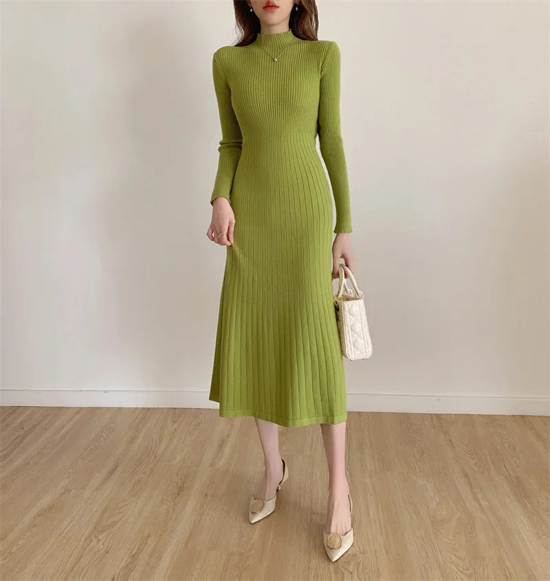 Slim Long Sleeve Party Midi Dress for Women Knitted Half High Collar Elegant Knitted Sweater Dresses Ladies