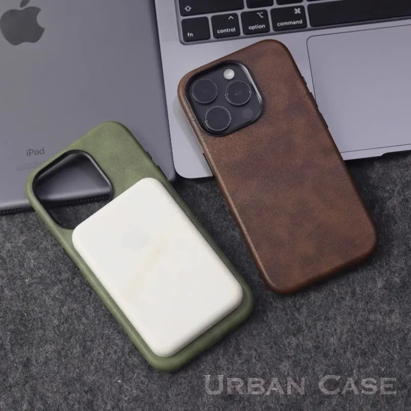 Premium Real Handmade Leather Case for iPhone 17 Air 17 Pro 16 15 14 13 12 Pro Max with Magsafe and Metal Buttons and Buttons
