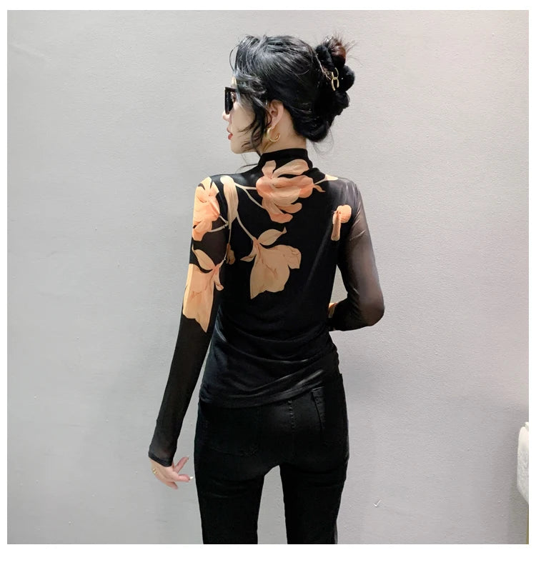 High Neck Long Sleeved Mesh Positioning Printed T-shirt Women Autumn Stretch Slim T Shirts Tops Female Base Tees HF8779