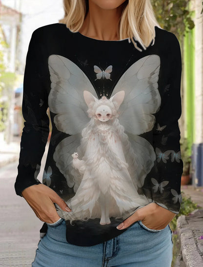 Long Sleeve 3D Printed Kitten Cute Print T-Shirt Women's Streetwear Round Neck Long Sleeve