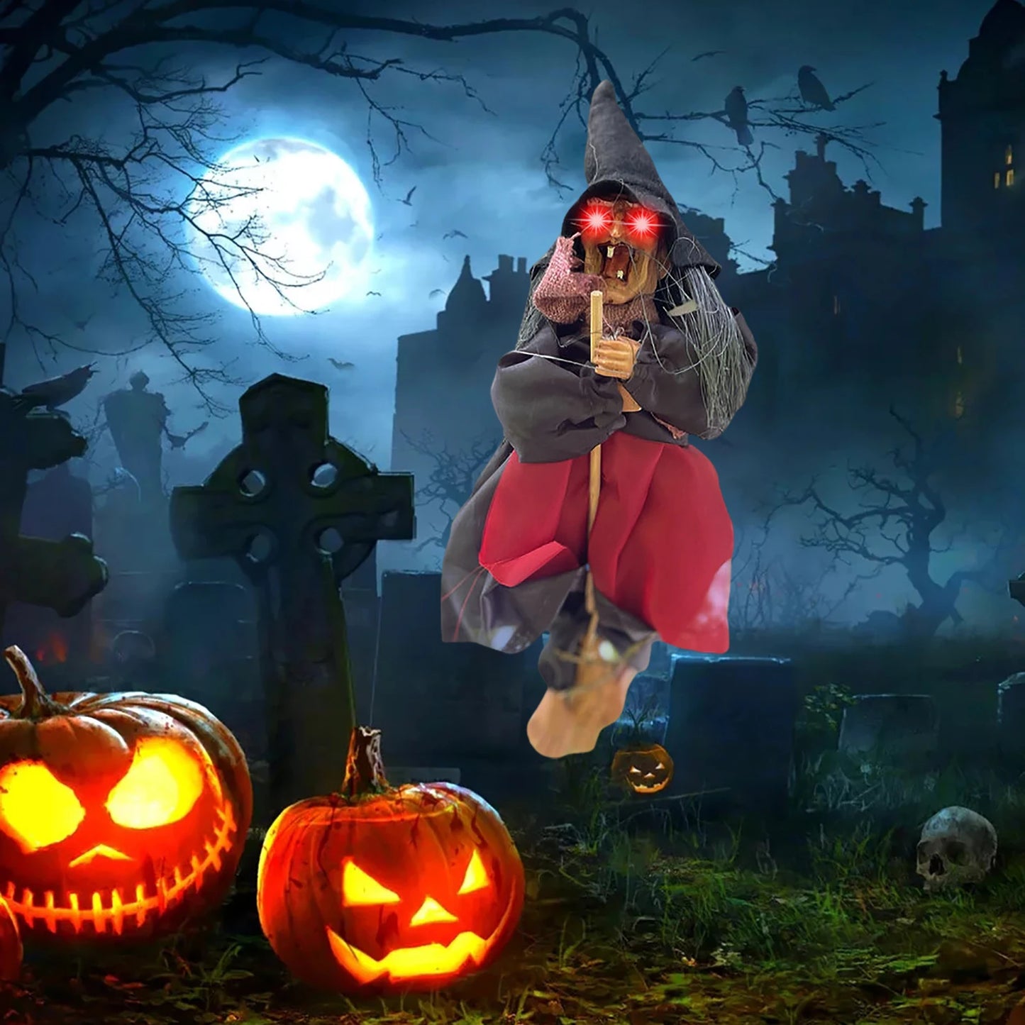 Halloween Horror Witch Hanging Doll With Glowing Eyes And Spooky Sounds Halloween Decorations For Home Garden Holiday Gift