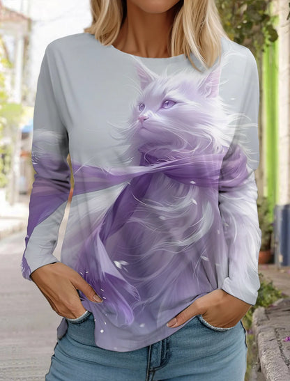 Long Sleeve 3D Printed Kitten Cute Print T-Shirt Women's Streetwear Round Neck Long Sleeve