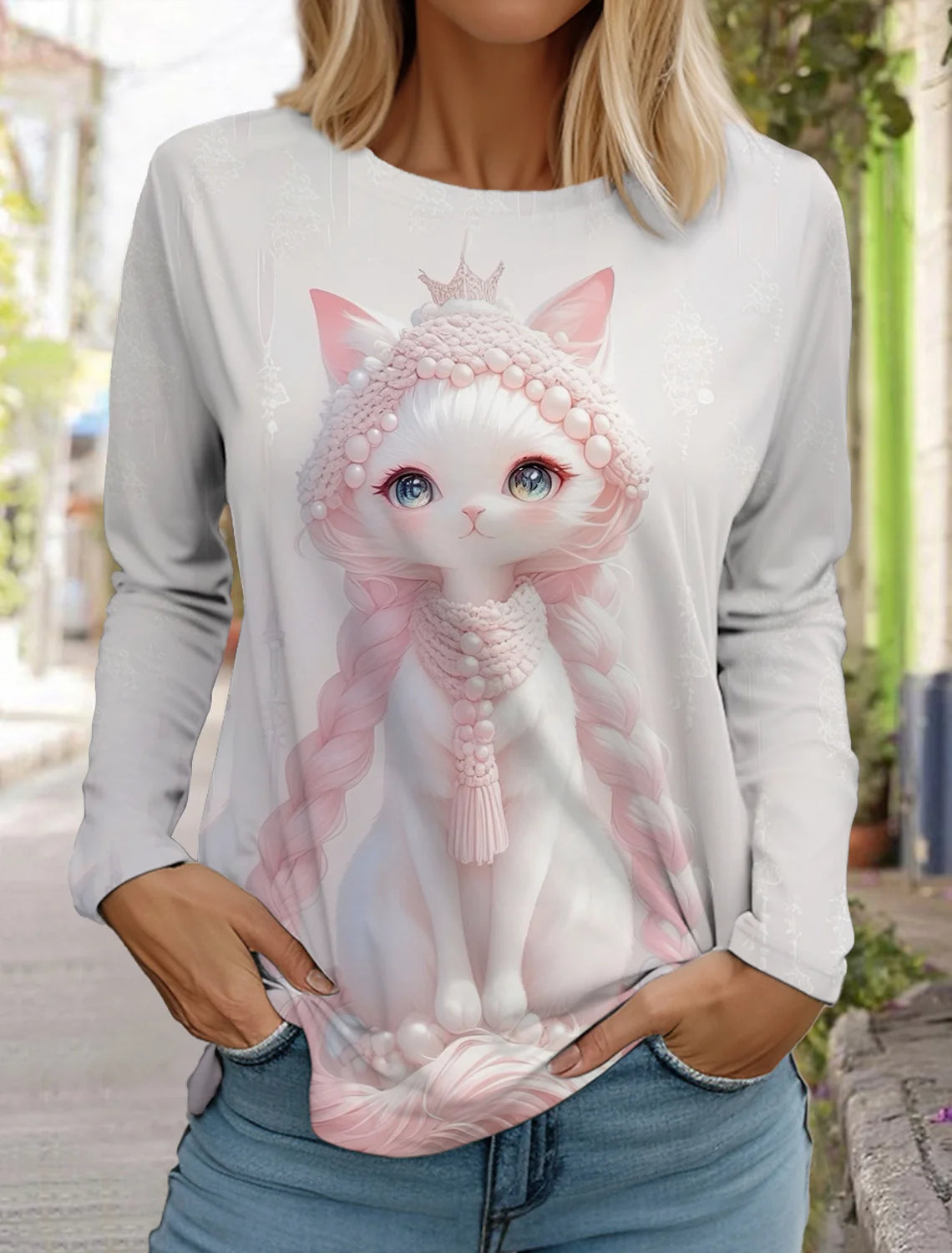 Long Sleeve 3D Printed Kitten Cute Print T-Shirt Women's Streetwear Round Neck Long Sleeve