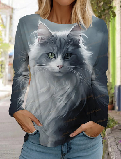Long Sleeve 3D Printed Kitten Cute Print T-Shirt Women's Streetwear Round Neck Long Sleeve