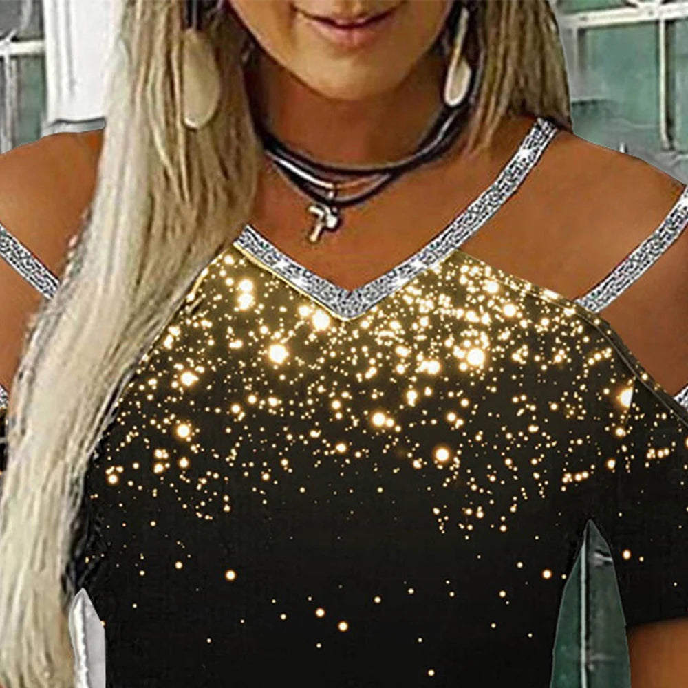 Women Glitter Short Sleeve V Neck T Shirt Ladies Casual Cold Shoulder Blouse Tops Clothing