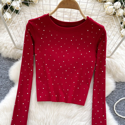 Long Sleeves Hotsweet O-neck Fashion Rhinestone Slim Top French Streetwear Sexy High Street Autumn Winter Women T-Shirts