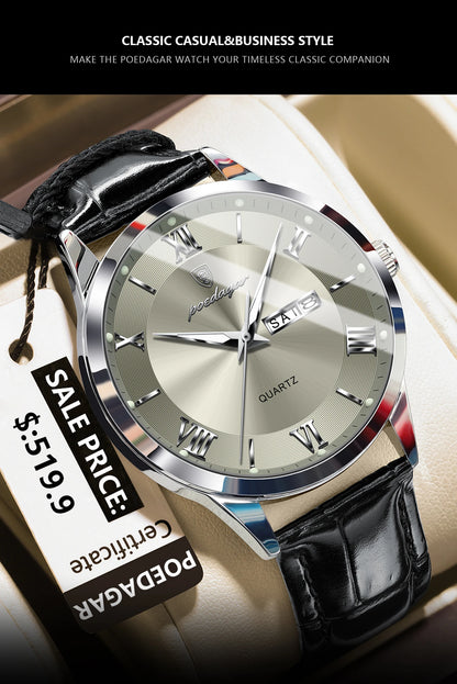 POEDAGAR Top Luxury Watch For Men Military Waterproof Luminous Date Week Man Wristwatch Leather Men's Quartz Watches Sport Reloj