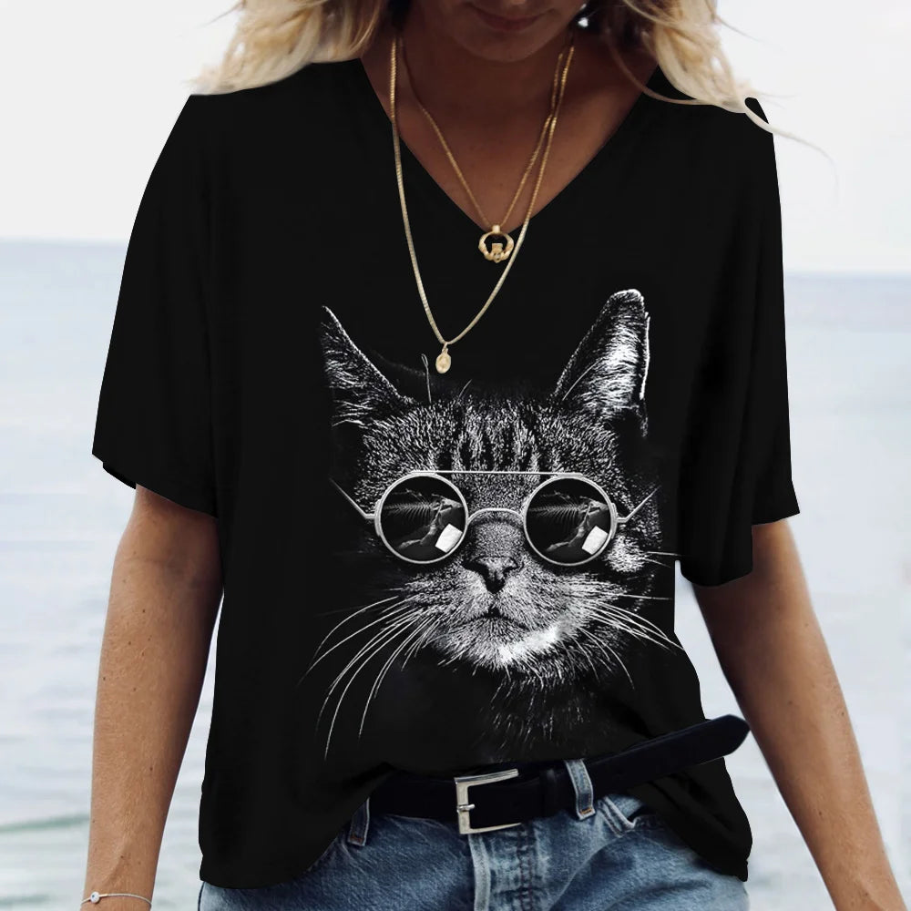 T-shirt Cat Print Short Sleeve Clothes Female Harajuku Tees Ladies T Shirt Oversized Tops Animal Women Clothing