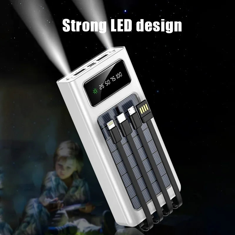 Solar Power Bank 500000mAh Large Capacity Mobile Power Fast Charging Battery With Dual USB 4 Cables For iPhone Samsung