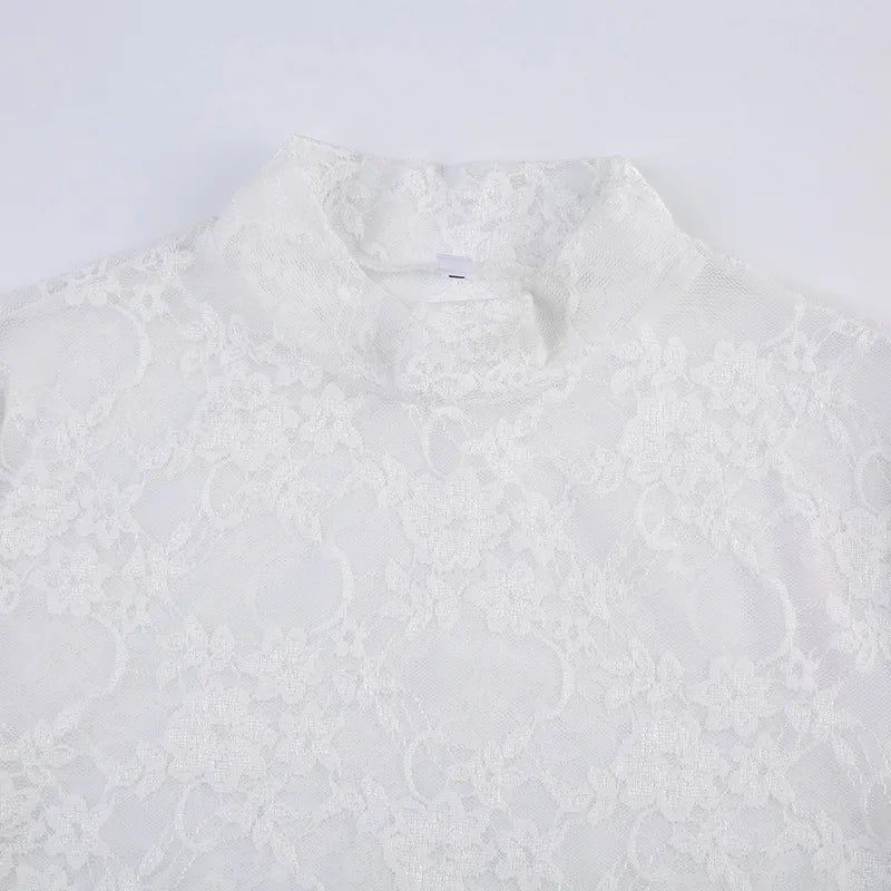 Lace Blouse Shirts Summer Women Turtleneck Long Sleeve See Through Lace Patchwork Thin Tops