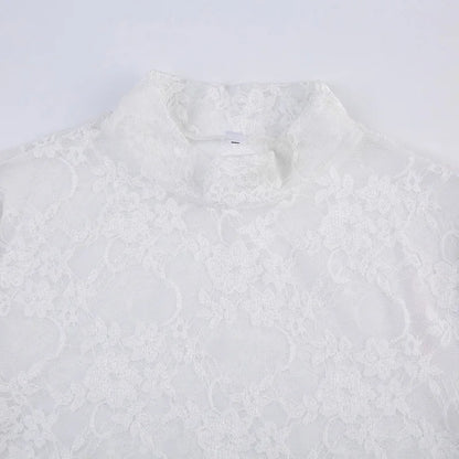 Lace Blouse Shirts Summer Women Turtleneck Long Sleeve See Through Lace Patchwork Thin Tops