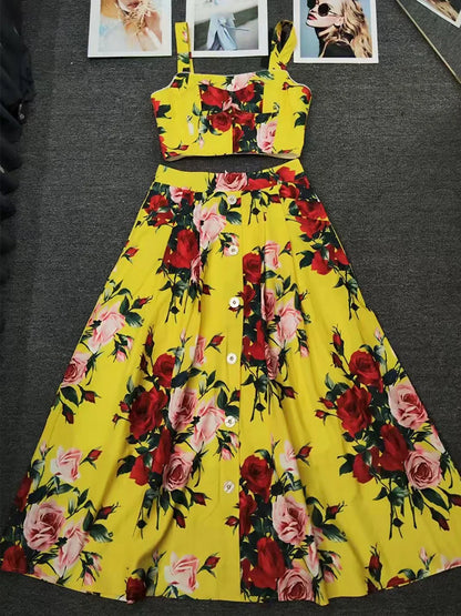 Elegant rose print sexy short tube top suspender top summer new female two-piece high waist pocket button big skirt fashion suit