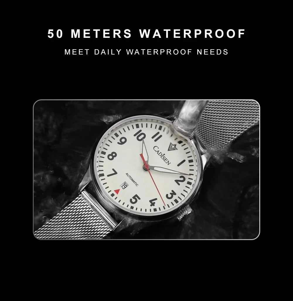 CADISEN Automatic Watch Men Luminous Stainless Steel Self-Wind Wristwatch NH35A Sapphire Waterproof Mesh Belt Mechanical Watch
