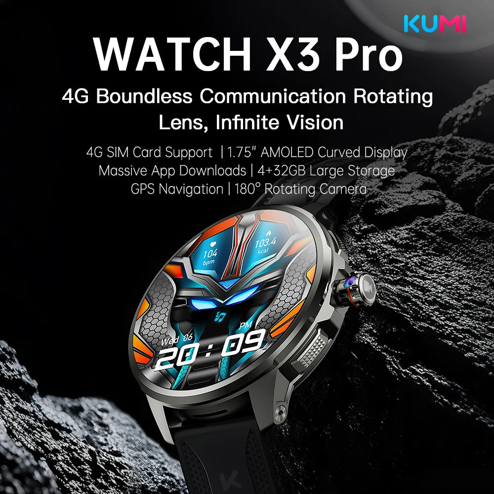 KUMI Watch X3 Pro Android 4G WiFi Smartwatch, 1.75" AMOLED, GPS, 200MP Camera, 32GB, Waterproof, Fitness Tracking Smart Watch