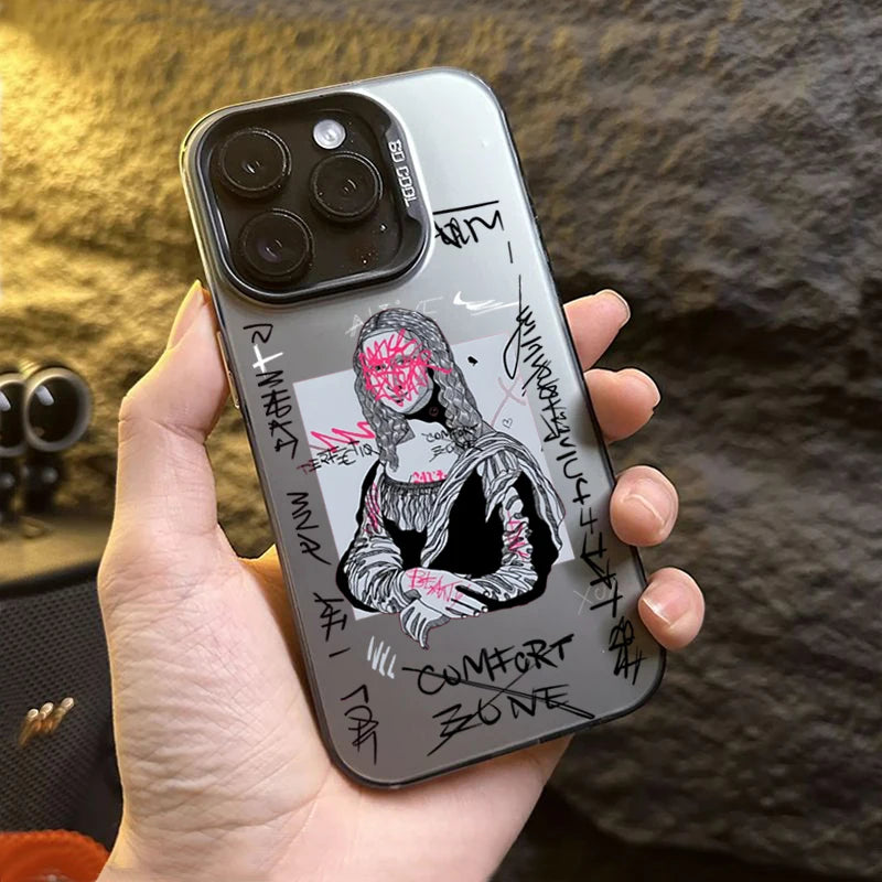 Graffiti Great Art Aesthetic David Mona Lisa Electroplate Silver Case For iPhone 17 15 14 13 12 11 16 Pro Max XS 7 8 Plus Cover