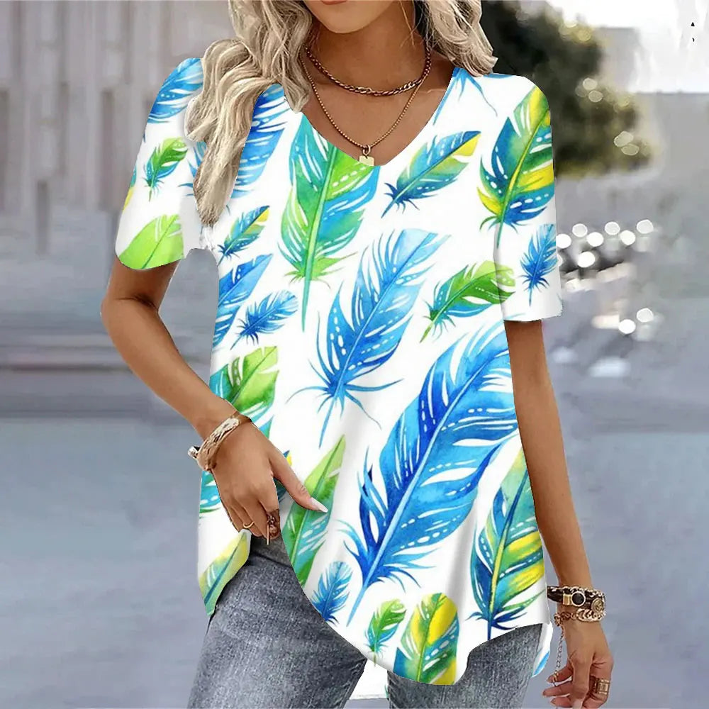 Butterfly Printed Short Sleeve T-shirt Korean Style Women's Clothes 2024 V-neck Short Sleeves Tees Shirt Loose Casual Blouses