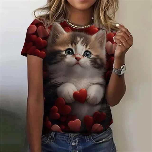 T-shirt 3D Printed Kawaii Cat Pattern Short Sleeved Round neck Top Summer Outdoor Casual Street Simple Clothing