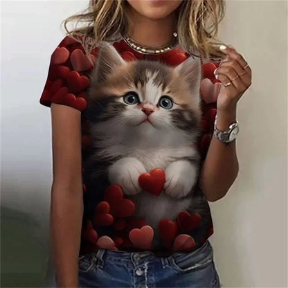 T-shirt 3D Printed Kawaii Cat Pattern Short Sleeved Round neck Top Summer Outdoor Casual Street Simple Clothing