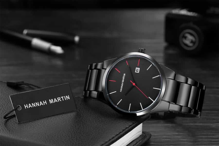 Hannah Martin Men's Stainless Steel Watch Fashion Business Style Black Minimalist Style 3Bar Waterproof Quartz Movement Watches