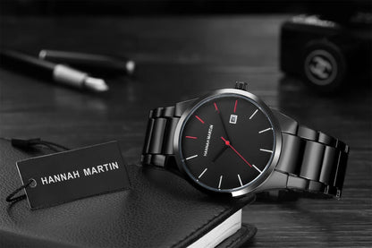 Hannah Martin Men's Stainless Steel Watch Fashion Business Style Black Minimalist Style 3Bar Waterproof Quartz Movement Watches