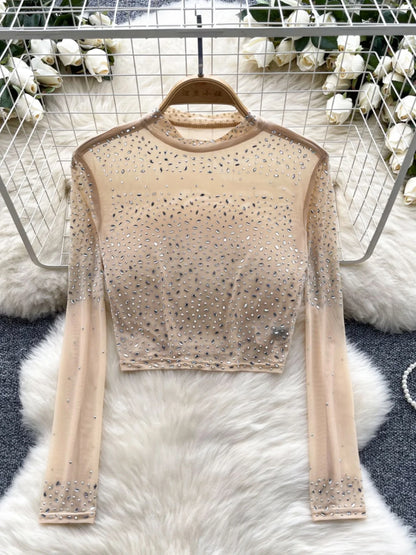 Thin See-tough Long Sve Me T-shirt ort Heavy-du Rhinestone Base irt Korean Sle Creative Pattern