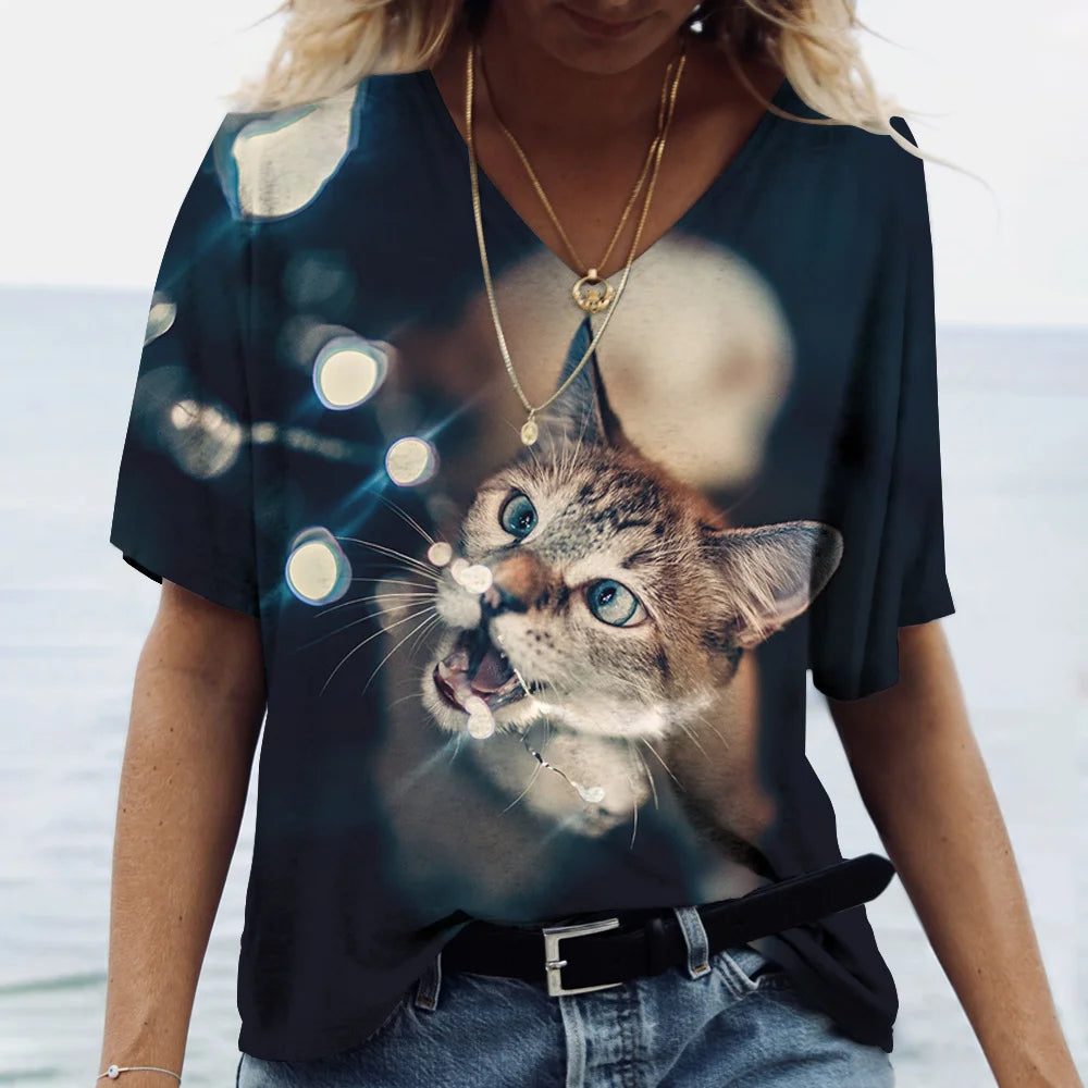 T-shirt Cat Print Short Sleeve Clothes Female Harajuku Tees Ladies T Shirt Oversized Tops Animal Women Clothing