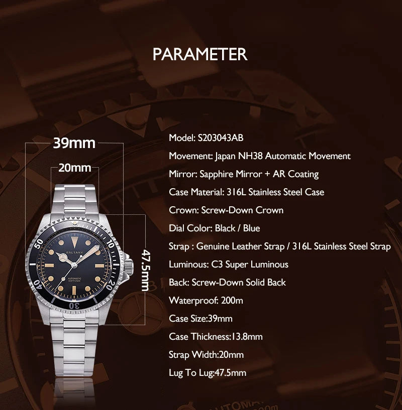 Baltany Men Automatic Watch 39mm Mechaical Wristwatch Sapphire Diver 20ATM Waterproof C3 Luminous NH38 Ceramic Bezel