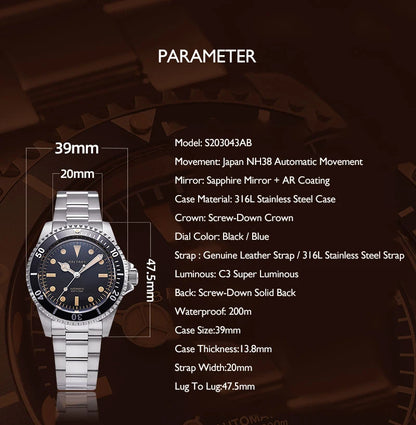 Baltany Men Automatic Watch 39mm Mechaical Wristwatch Sapphire Diver 20ATM Waterproof C3 Luminous NH38 Ceramic Bezel