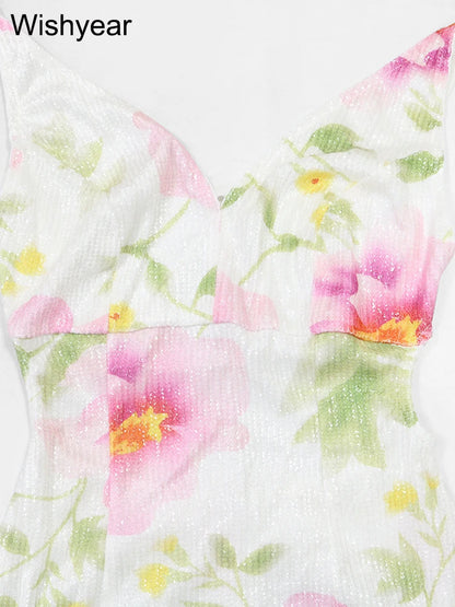 Flower Print Sequins Spaghetti Strap Sleeveless High Slit Long Dress Woman Sexy Vacation Party Birthday Prom Summer Robe