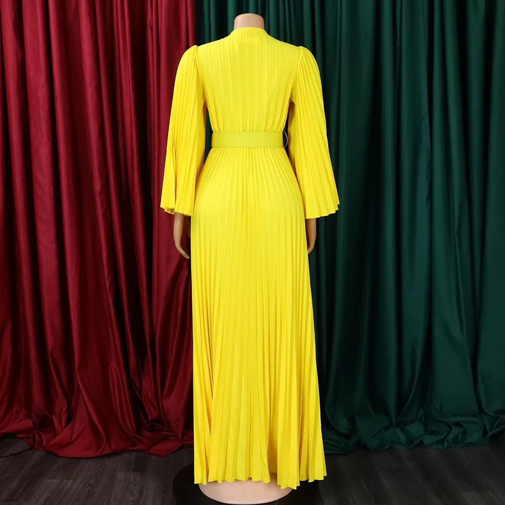 V-neck Flare Sleeve Big Swing Floor Length Maxi Long Dresses  Women Autumn Winter Party Prom Dress