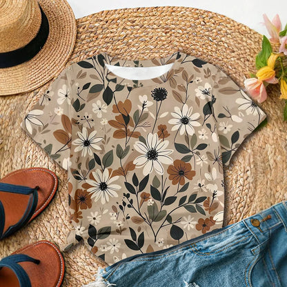 Elegant and artistic light coffee base floral print daily women's summer casual fashion short sleeved T-shirt