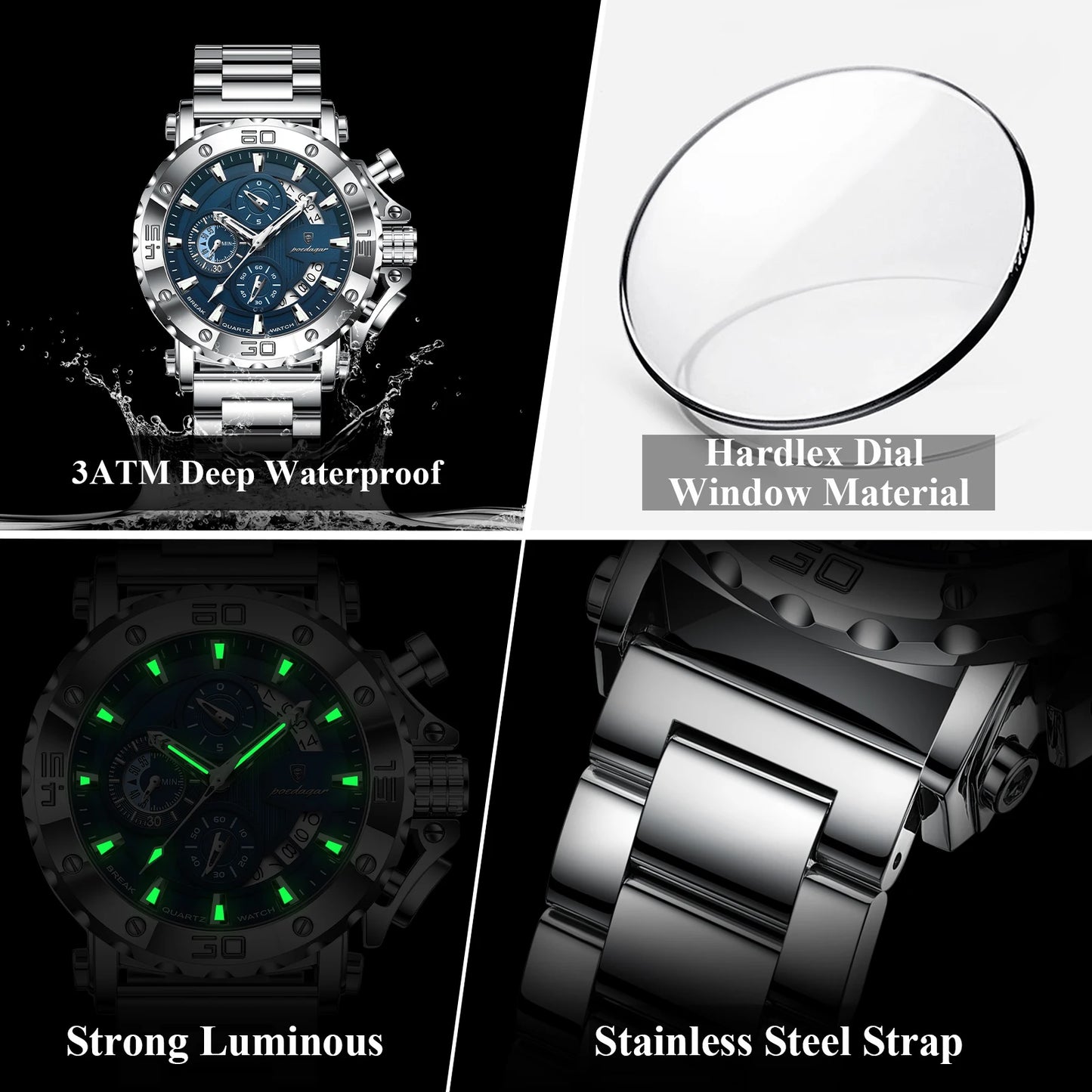 POEDAGAR Luxury Watch For Men Calendar Luminous Waterproof Man Clock Male Chronograph Stainless Steel Men's Quartz Watches Reloj