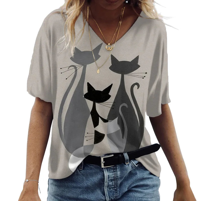 T-shirt Cartoon Cat Print Summer Short Sleeve V-Neck Kawaii Fashion Casual Tee Shirts With Cat Funny Femininity Clothing