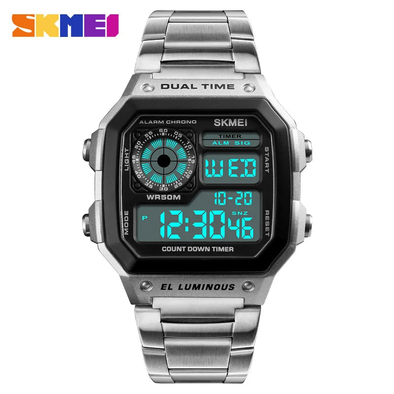 SKMEI 1335 Digital Watch for Men Retro Sports Waterproof Chrono Electronic Mens Wristwatches Stainless Steel Clock Reloj Hombre