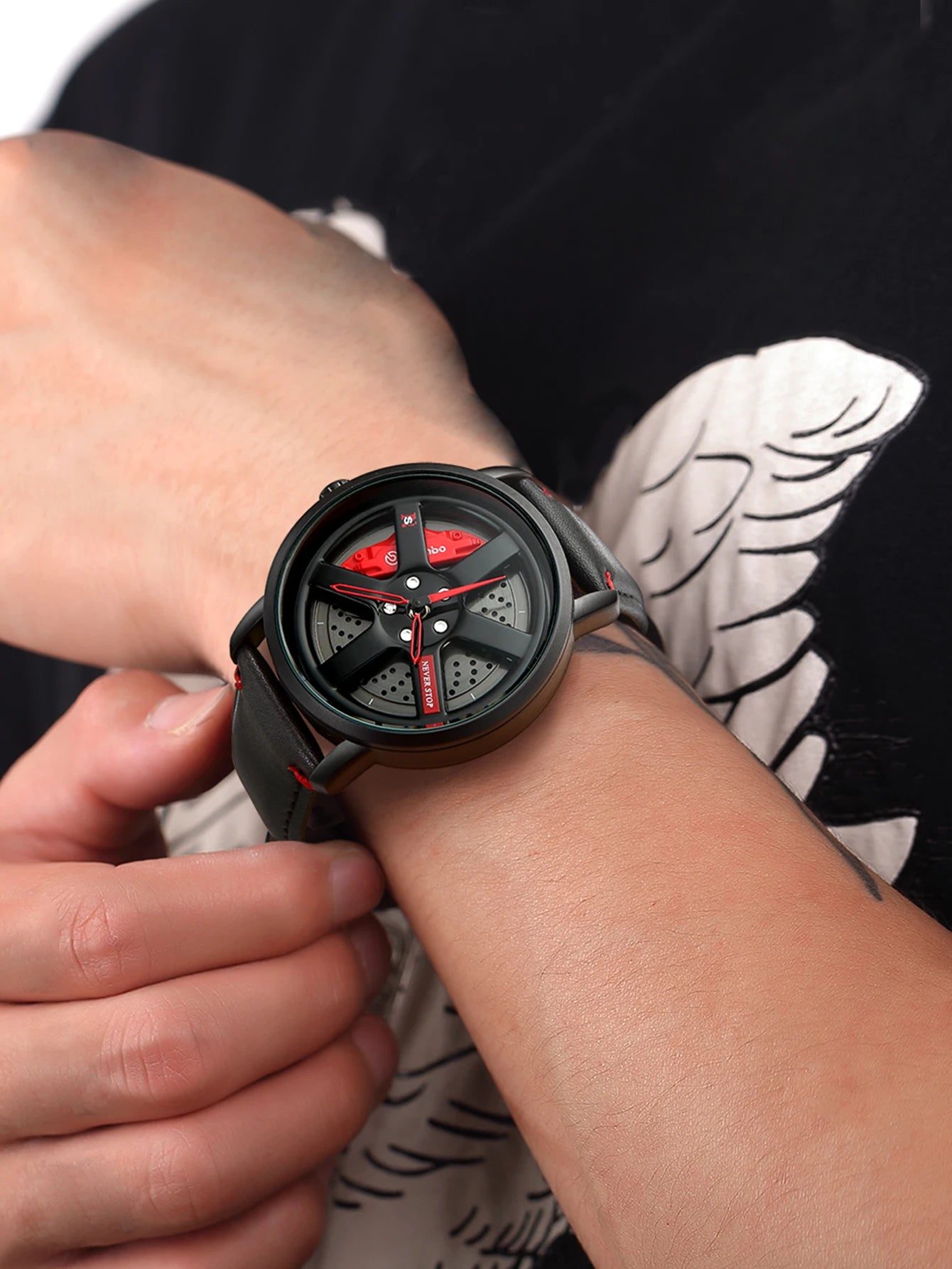 NS Men's Car wheel hub watch Minimalist Fashion Sports Watch Calendar Leather casual Quartz watch