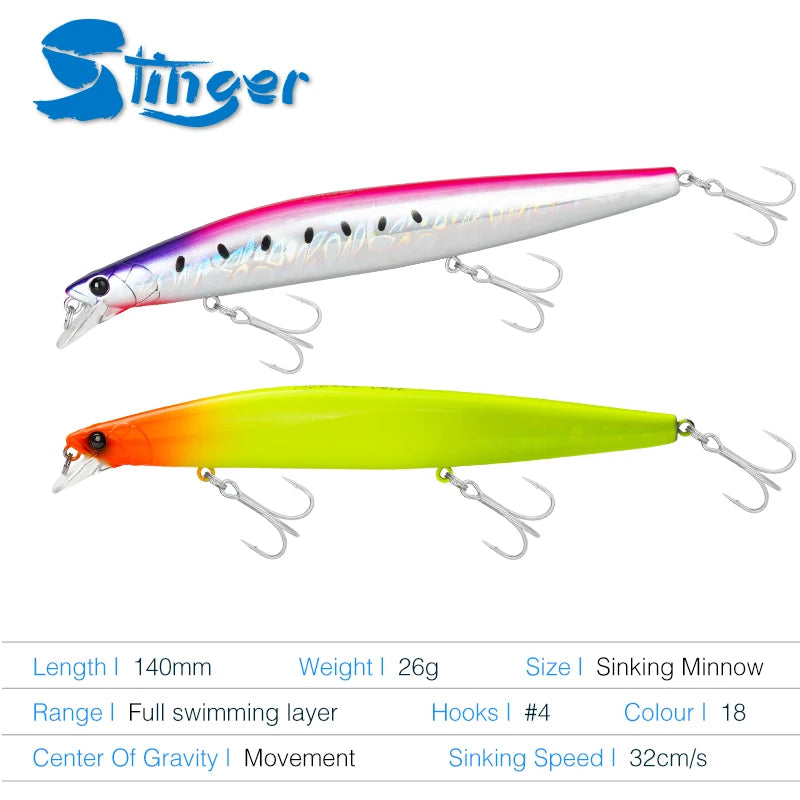 Minnow Sea Fishing Lure STINIGER 140mm 26g Piston Weight Ultra Long Casting Seabass Inshore Hard Baits