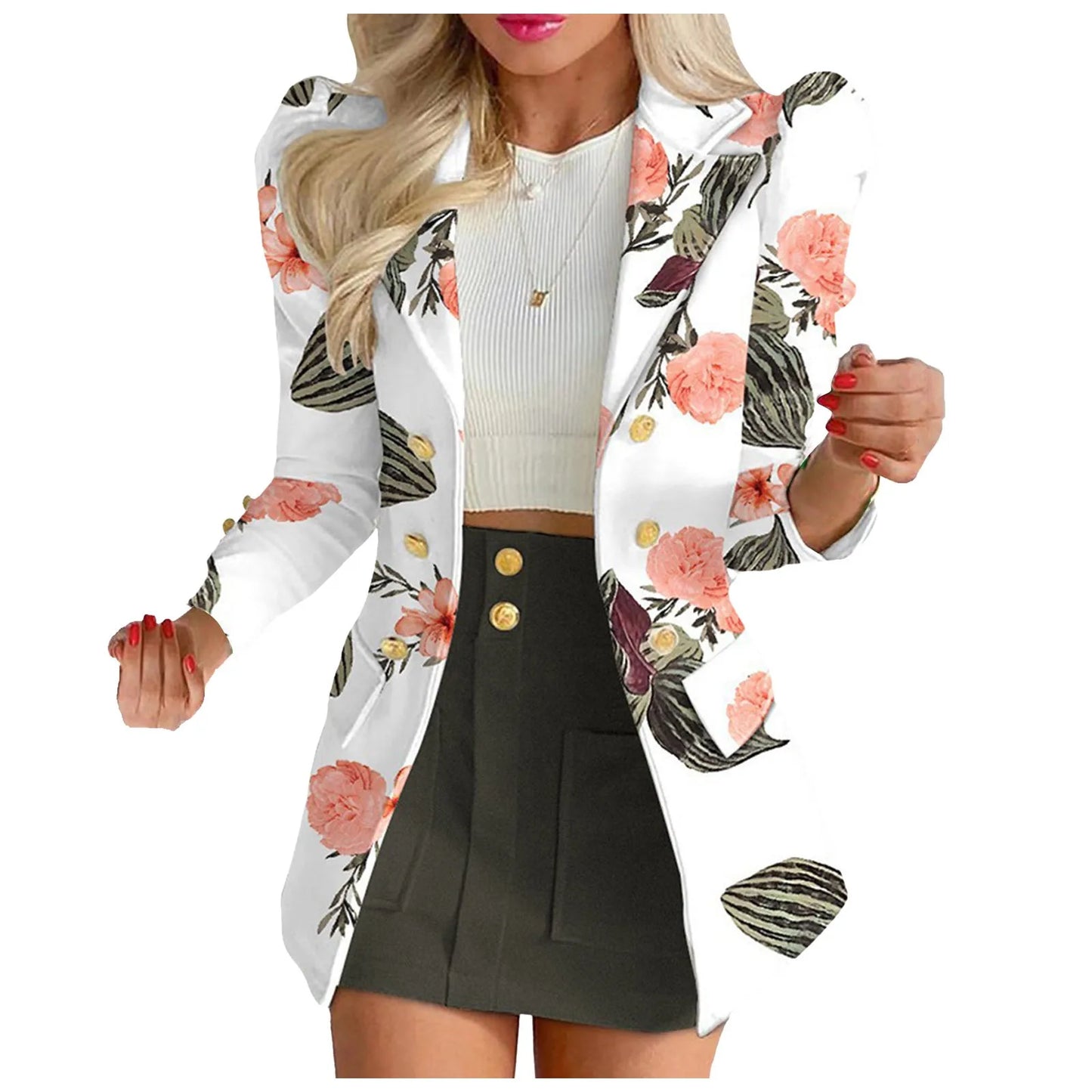 Long Sleeve Two Breasted Skirt Set Solid Color Jacket And Floral Skirt Two Piece Outfit Business Casual Elegant Sets