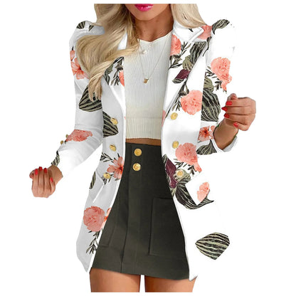 Long Sleeve Two Breasted Skirt Set Solid Color Jacket And Floral Skirt Two Piece Outfit Business Casual Elegant Sets