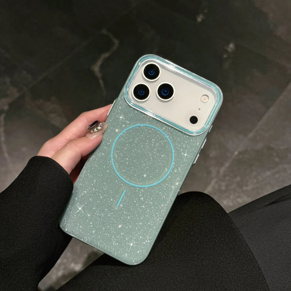 Luxury Glitter Bling Ultra Thin Phone Case For iPhone 17 16 15 14 Plus 17 Pro Max Magsafe Wireless Charge Shockproof Hard Cover