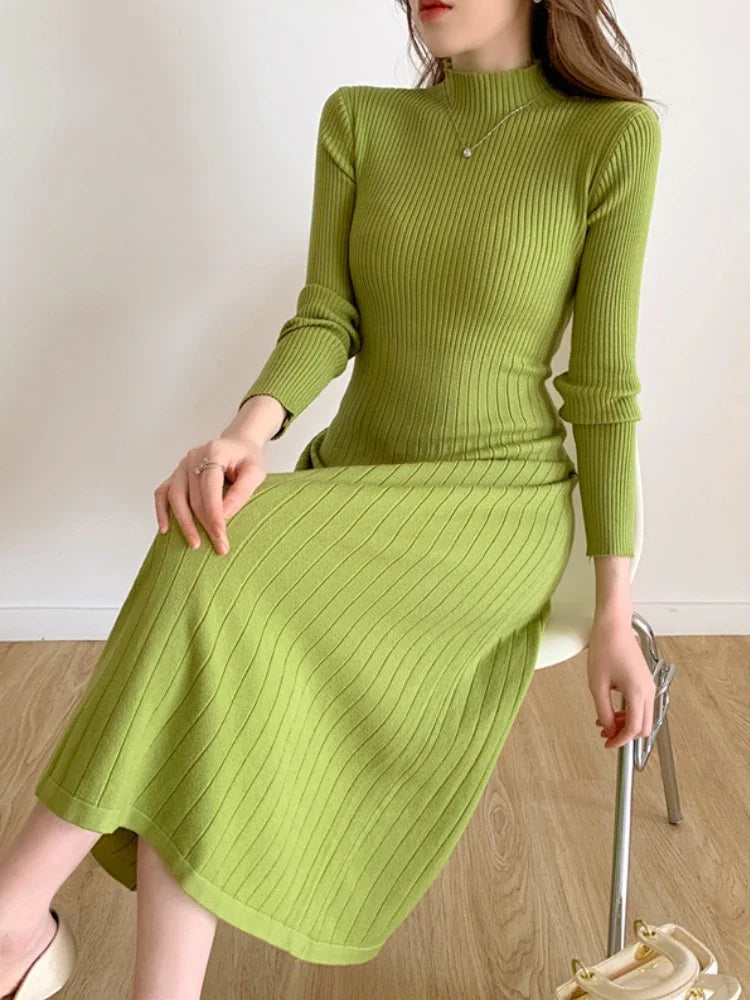 Slim Long Sleeve Party Midi Dress for Women Knitted Half High Collar Elegant Knitted Sweater Dresses Ladies