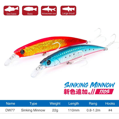 Sinking Minnow 110S DW77 110mm 22g Long Casting Fishing Lure Large Trout Seabass Sea Fishing Hard bait