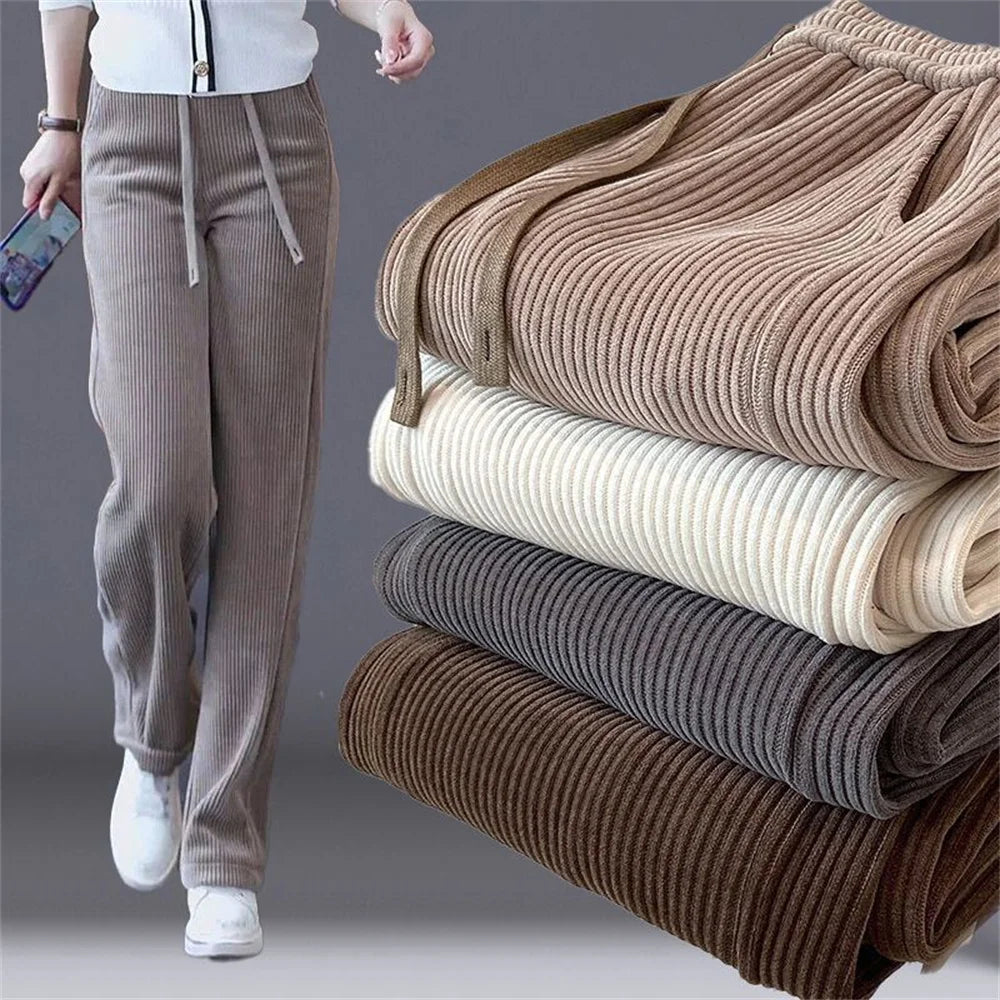 Elastic Waist Loose Casual Wide Leg Corduroy Pants Female Add Velvet Fashion All-match Trousers Women's Clothing